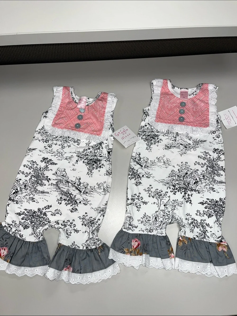 Giggle Moon White Black Toile Romper with Pink Yoke